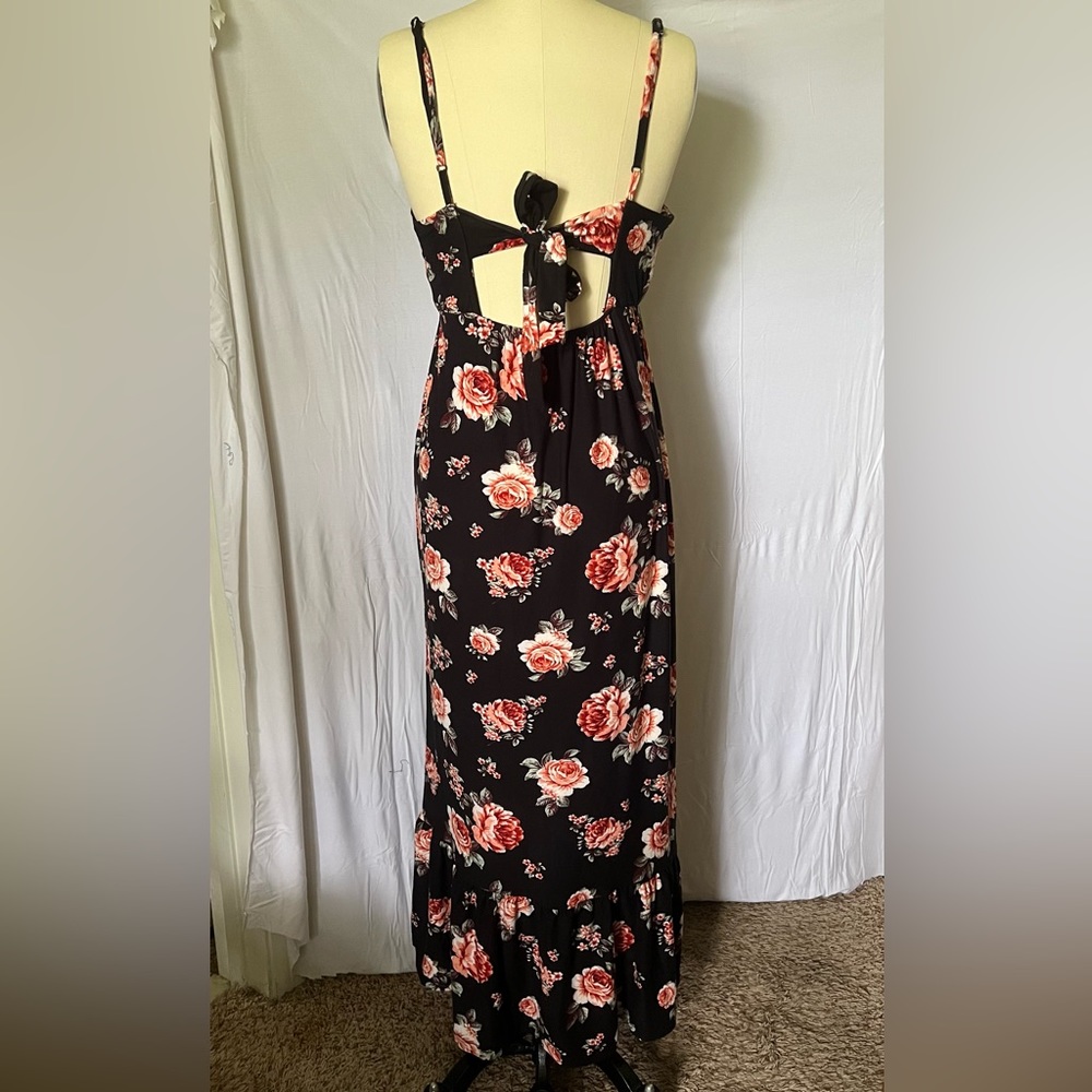 Summer Dress black with roses textile . Adjustable straps , back tie.